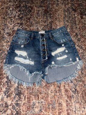 One Teaspoon Distressed Dark Blue Denim Button-Front Shorts